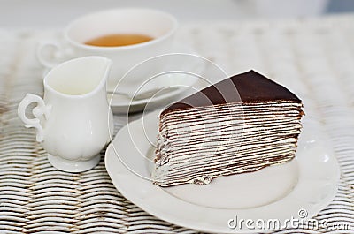 Crape cake with english tea Stock Photo