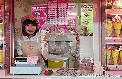 Crape and ice cream vendor at Harajuku's Takeshita street Editorial Stock Photo