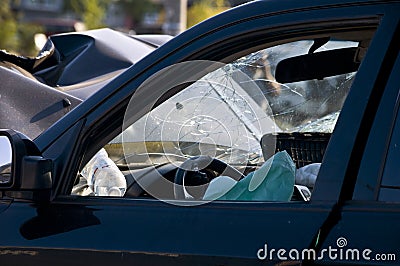 Crash car window on accident site Stock Photo