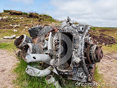 Crash damaged aircraft engine Stock Photo