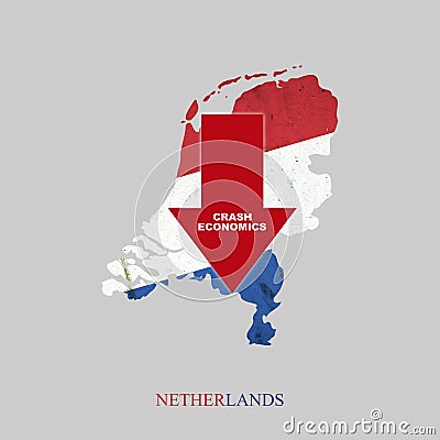 Crash Economics, Netherlands. Red down arrow on the map of Netherlands. Economic decline. Downward trends in the economy. Isolated Stock Photo
