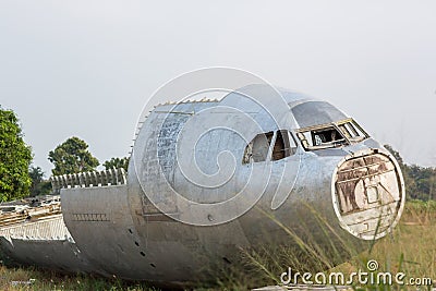 crash-landed aircraft. airplane wreckage in jungle - old propeller aircraft in forest. an airplane tail in a plane crash site. Stock Photo