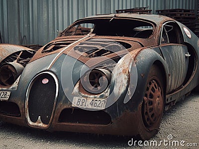 Crashed abandoned rusty expensive atmospheric supercar circulation banned for co2 emission dystopian Stock Photo