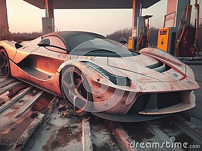 Crashed abandoned rusty expensive atmospheric supercar circulation banned for co2 emission dystopian Stock Photo