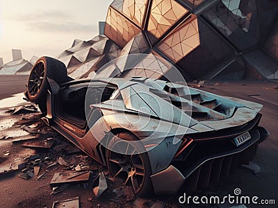 Crashed abandoned rusty expensive atmospheric supercar circulation banned for co2 emission dystopian Stock Photo