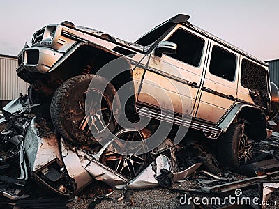 Crashed abandoned rusty expensive atmospheric suv as circulation banned for co2 emission 2030 agenda Stock Photo