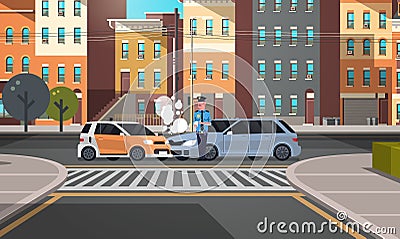 Crashed car road accident police officer in uniform issuing report policeman writing legal fine document city buildings Vector Illustration