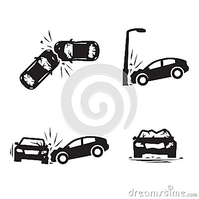 Crashed Cars Car eccident icons set Stock Photo