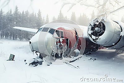 Crashed plane winter forest. Generate Ai Stock Photo