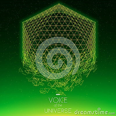 Crashing space green object. Abstract vector background with tiny stars. Glow of sun from the bottom. Vector Illustration