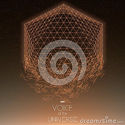 Crashing space orange object. Abstract vector background with tiny stars. Glow of sun from the bottom. Vector Illustration