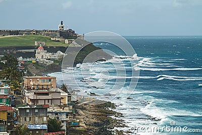 Crashing surf at El Morro Fortress, San Juan, Puerto Rico Stock Photo