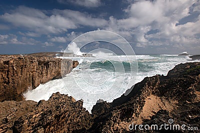 Crashing surf waves hitting Laie Point coastline at Kaawa on the North Shore of Oahu Hawaii United States Stock Photo