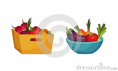 Crate and Bowl Full of Fresh Vegetable from Greengrocery Vector Set Vector Illustration
