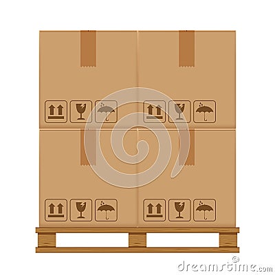 Crate boxes four on wooded pallet, wood pallet with cardboard box in factory warehouse storage, flat style warehouse cardboard Vector Illustration