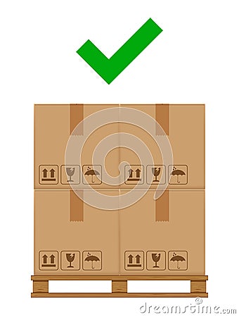 Crate boxes on wooded pallet and check mark green for product arrangement concept, stack cardboard box in factory warehouse Vector Illustration