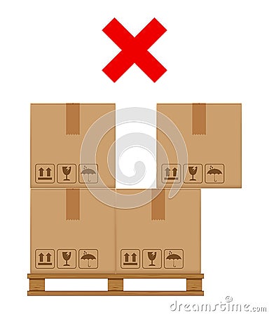 Crate boxes on wooded pallet and cross mask red for product arrangement concept, stack cardboard box in factory warehouse storage Vector Illustration