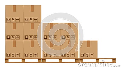 Crate boxes on wooded pallet, wood pallet with cardboard box in factory warehouse storage, flat style warehouse cardboard parcel Vector Illustration