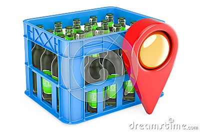 Crate full beer bottles with map pointer. 3D rendering Stock Photo