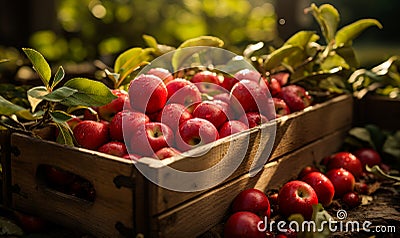 A Crate Overflowing With Juicy, Crimson Apples. A wooden crate filled with lots of red apples Stock Photo