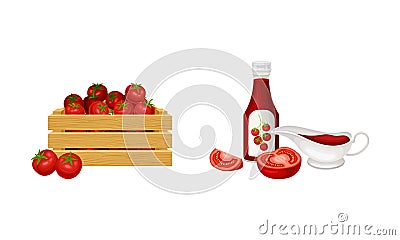 Crate of ripe tomatoes and bottle of ketchup vector illustration Vector Illustration