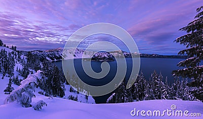 Winter Sunset at Crater Lake Stock Photo