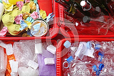 Crates with assorted garbage, top view Stock Photo