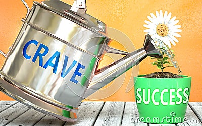 Crave helps achieving success - pictured as word Crave on a watering can to symbolize that Crave makes success grow and it is Cartoon Illustration