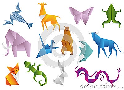 Crawfish, antelope, butterfly, frog, elephant, dove, bear, fish, bull, fox, lizard, hare, dragon. Animals origami set Vector Illustration