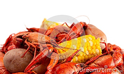 A Crawfish Boil with Corn on the Cob and Potatoes Stock Photo