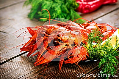 Crawfish. Red boiled crayfish on a wooden table Stock Photo