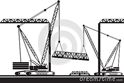 Crawler cranes mounting a part of bridge Vector Illustration