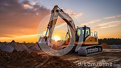 Crawler excavator during earthwork on construction site at sunset. heavy earth mover on the construction site Stock Photo