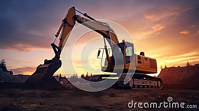 Crawler excavator during earthwork on construction site at sunset. heavy earth mover on the construction site Stock Photo