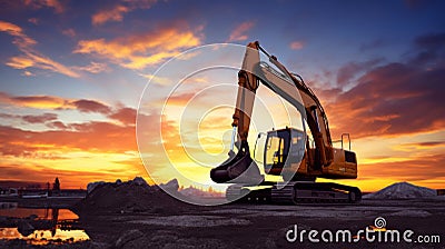 Crawler excavator during earthwork on construction site at sunset. heavy earth mover on the construction site Stock Photo
