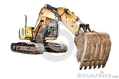 Crawler excavator with extended boom and big bucket isolated on white background. Powerful excavator with an extended bucket close Stock Photo