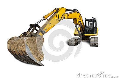 Crawler excavator with extended boom and big bucket isolated on white background. Powerful excavator with an extended bucket close Stock Photo