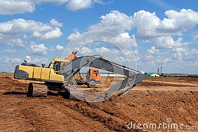 Crawler excavator front view. Special equipment for construction. Powerful unit Stock Photo