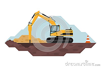 Crawler hammer excavator, heavy machinery used in the construction and mining industry Vector Illustration