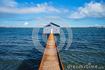 Crawley Edge Boatshed, blue boat houes Stock Photo