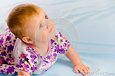 Crawling across the blue plaid baby looking up Stock Photo