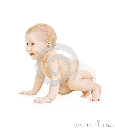 Crawling Baby, Infant Kid Crawl on white, Happy Three Months old Child Stock Photo