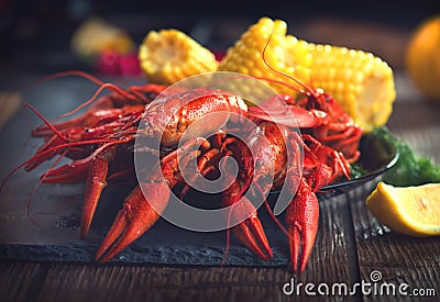 Crayfish. Creole style crawfish with corn and potato Stock Photo