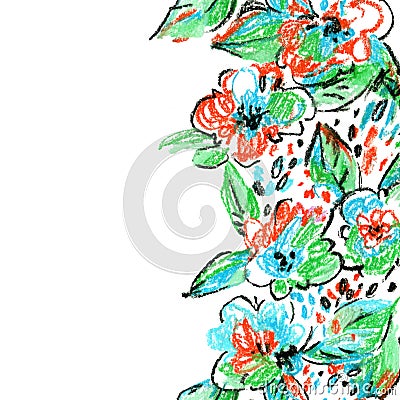 Crayon abstract flowers and leaves background. Cartoon Illustration