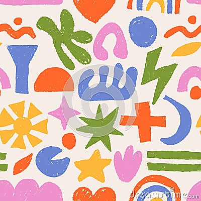 Crayon doodle shapes pattern. Seamless print of abstract funny hand drawn scribble blobs, abstract brush pencil elements for kids Vector Illustration