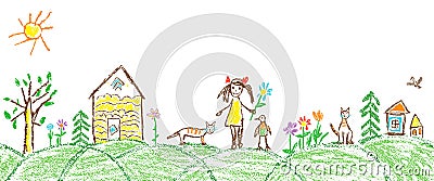 Like child hand drawing summer garden village. Vector Illustration