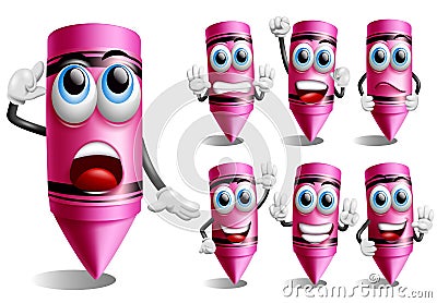 Crayon vector character set. Crayons 3d characters in friendly face with thinking, standing and waving pose and gestures. Vector Illustration