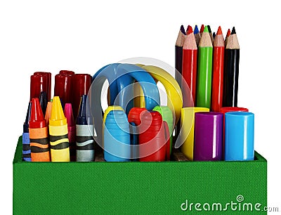 Crayons, colored pencils and pens Stock Photo