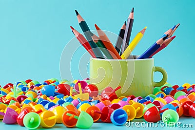 Crayons full color with small cup Stock Photo