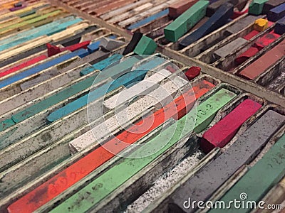 Crayons in tray Stock Photo